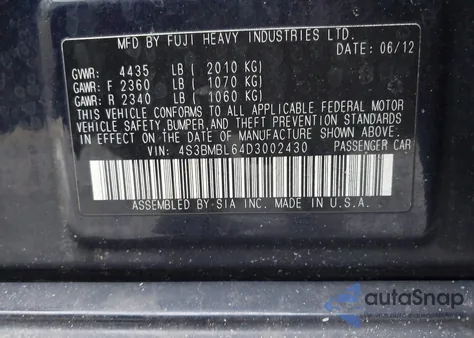 2013 Subaru Legacy 2.5I Limited z USA, uszkodzony, nr VIN 4S3BMBL64D3002430